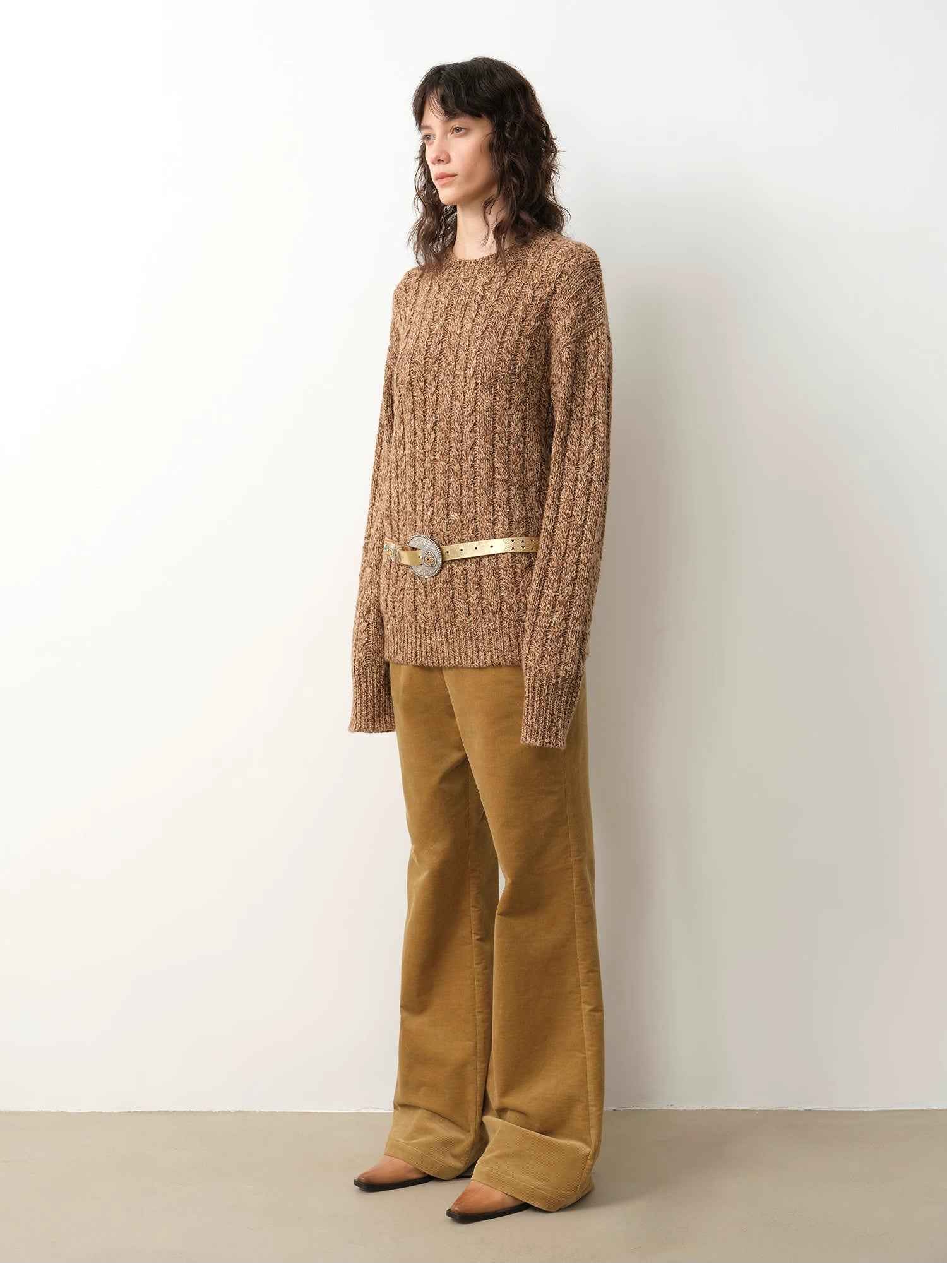 "Thousand Islands Forest Club" Cable - cut Round Neck Wool Blend Slightly Wide Shoulder Sweater - variant_title