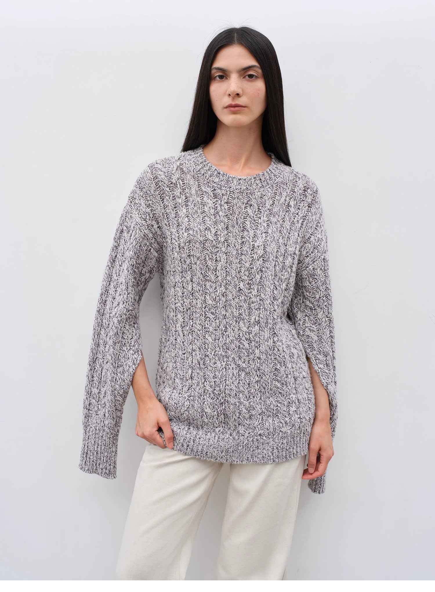 "Thousand Islands Forest Club" Cable - cut Round Neck Wool Blend Slightly Wide Shoulder Sweater - variant_title