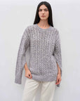 "Thousand Islands Forest Club" Cable - cut Round Neck Wool Blend Slightly Wide Shoulder Sweater - variant_title