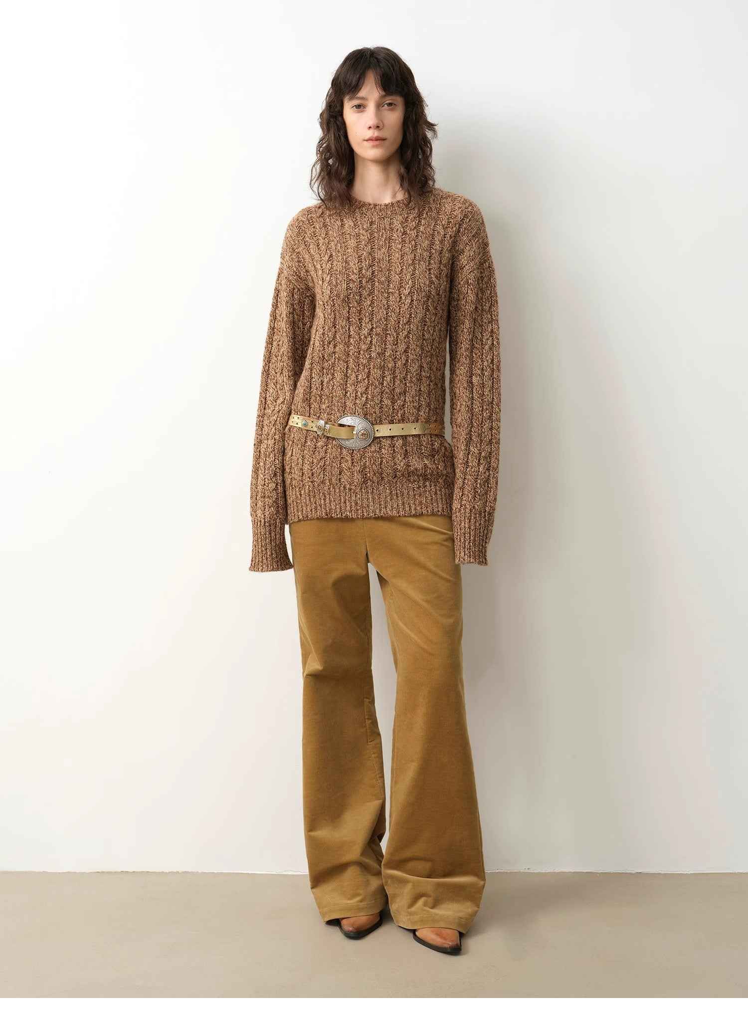 "Thousand Islands Forest Club" Cable - cut Round Neck Wool Blend Slightly Wide Shoulder Sweater - variant_title
