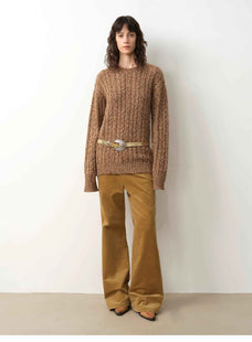 "Thousand Islands Forest Club" Cable - cut Round Neck Wool Blend Slightly Wide Shoulder Sweater - variant_title