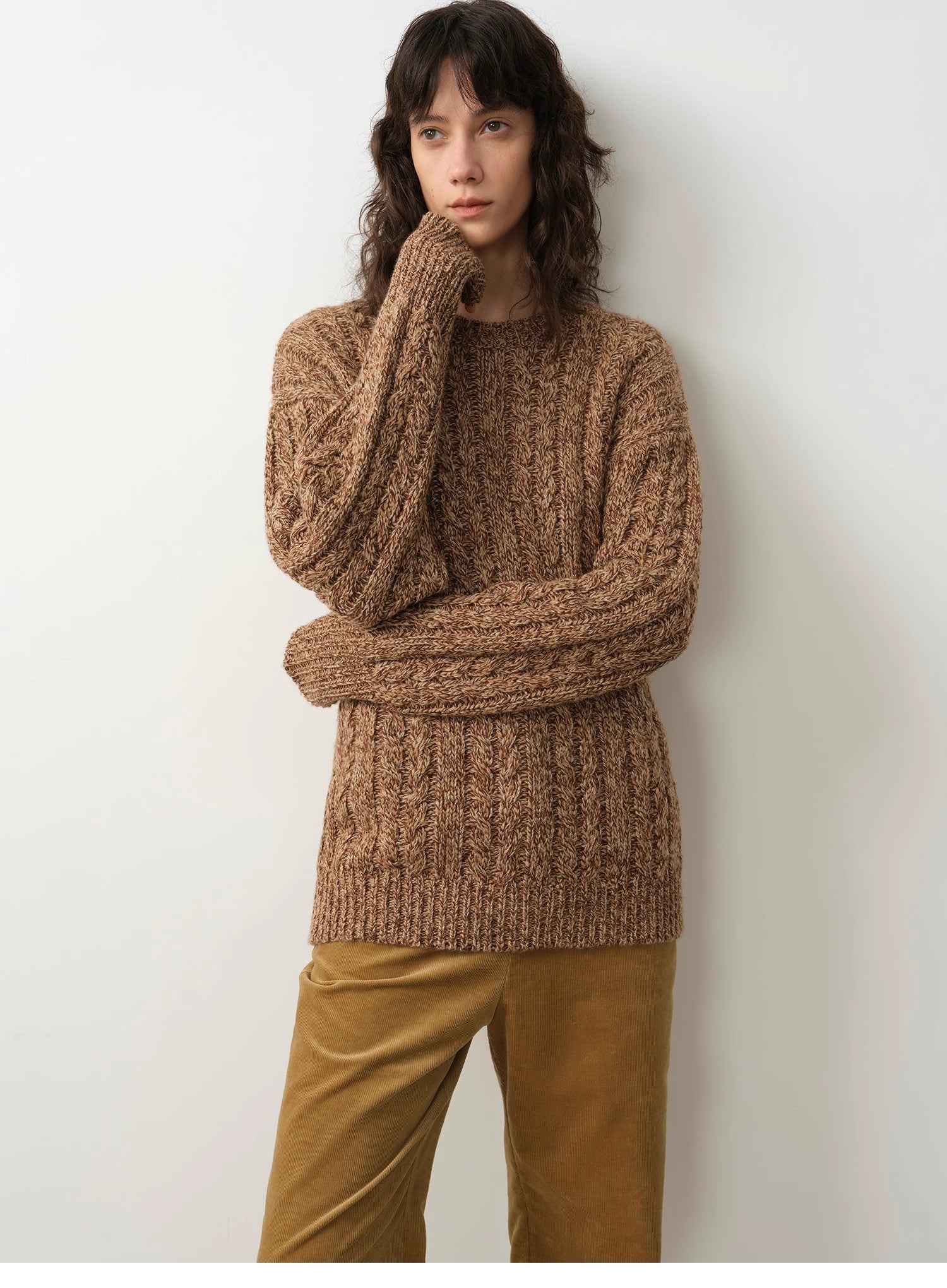 "Thousand Islands Forest Club" Cable - cut Round Neck Wool Blend Slightly Wide Shoulder Sweater - variant_title