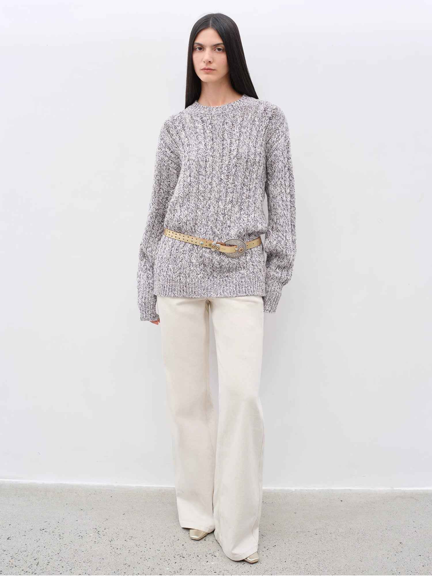 "Thousand Islands Forest Club" Cable - cut Round Neck Wool Blend Slightly Wide Shoulder Sweater - variant_title