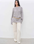"Thousand Islands Forest Club" Cable - cut Round Neck Wool Blend Slightly Wide Shoulder Sweater - variant_title