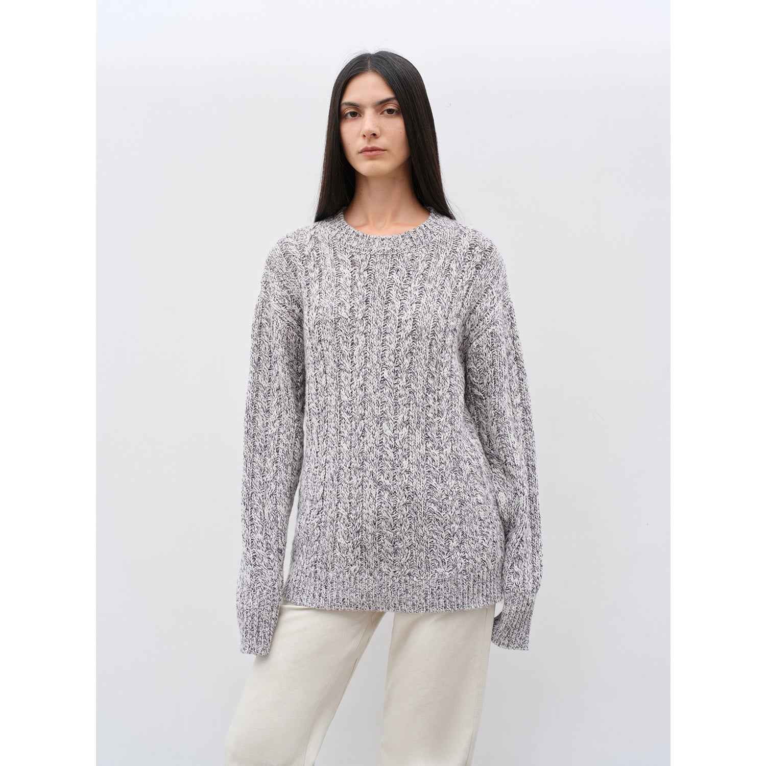 "Thousand Islands Forest Club" Cable - cut Round Neck Wool Blend Slightly Wide Shoulder Sweater - variant_title