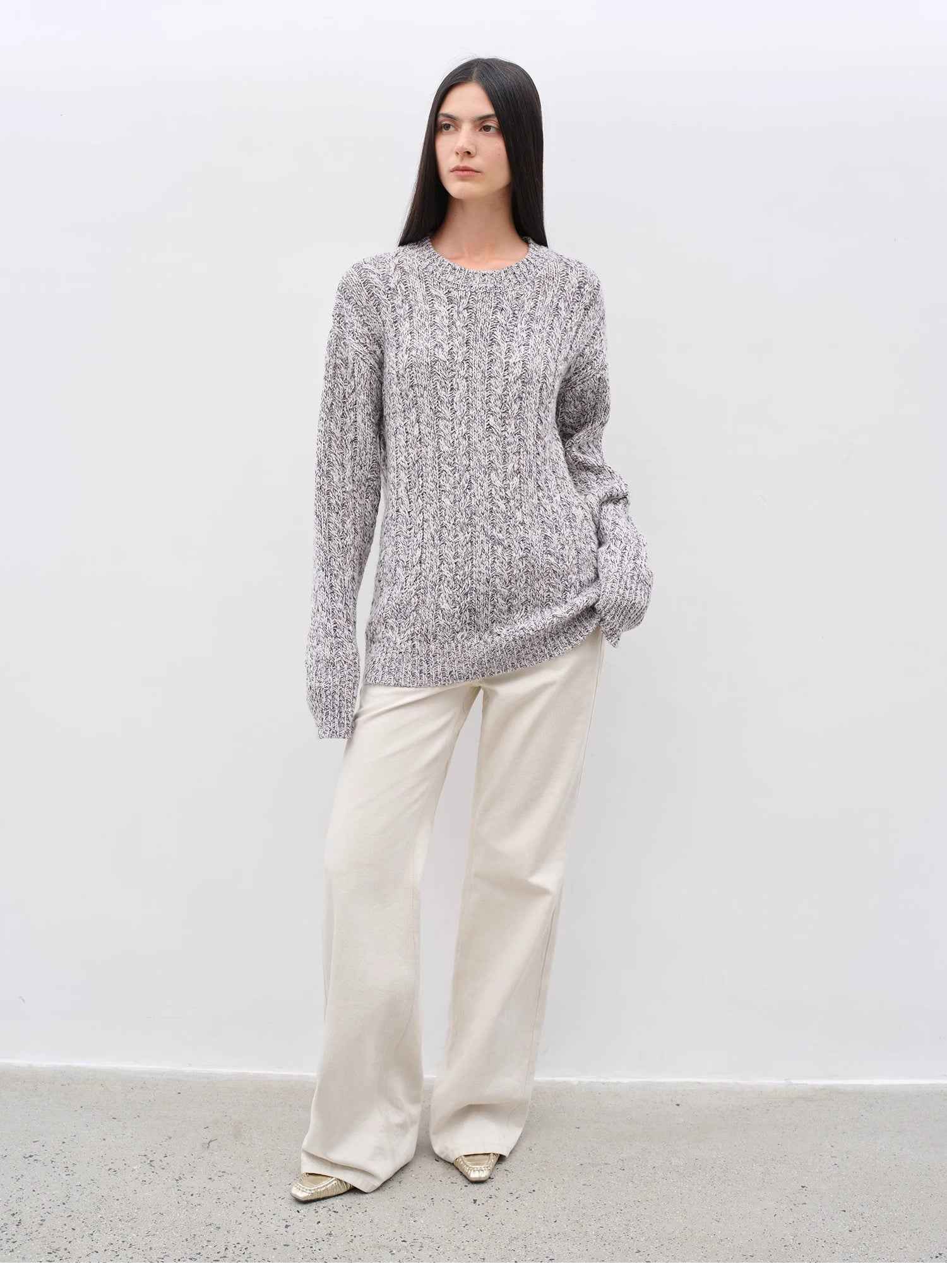 "Thousand Islands Forest Club" Cable - cut Round Neck Wool Blend Slightly Wide Shoulder Sweater - variant_title