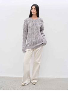 "Thousand Islands Forest Club" Cable - cut Round Neck Wool Blend Slightly Wide Shoulder Sweater - variant_title