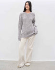 "Thousand Islands Forest Club" Cable - cut Round Neck Wool Blend Slightly Wide Shoulder Sweater - variant_title