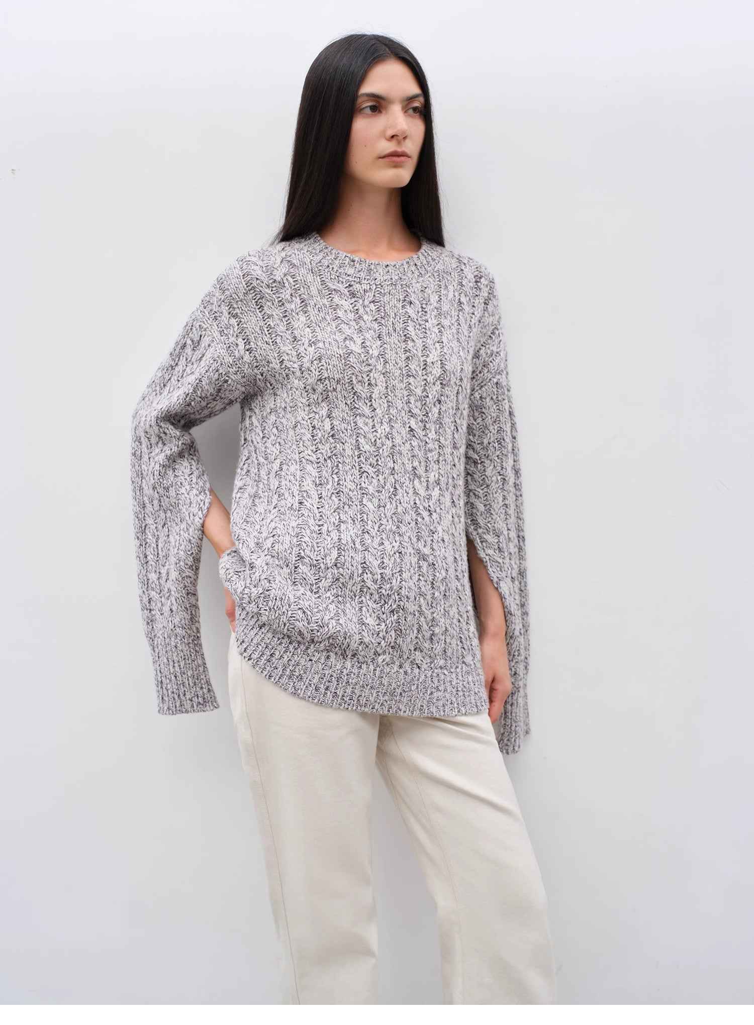 "Thousand Islands Forest Club" Cable - cut Round Neck Wool Blend Slightly Wide Shoulder Sweater - variant_title