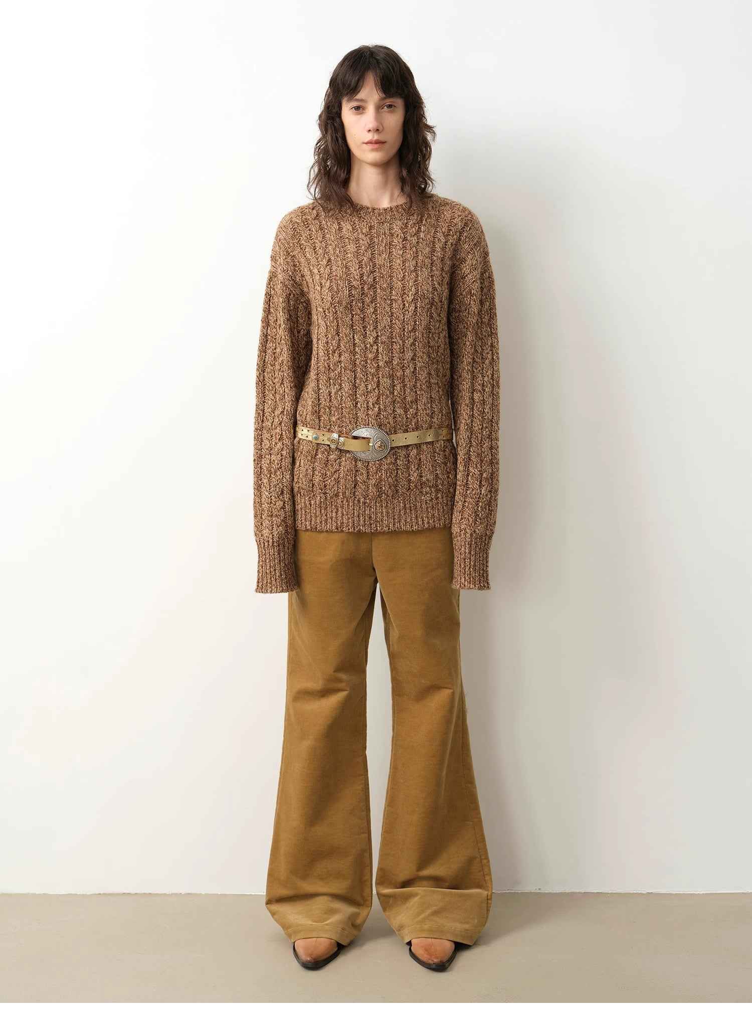"Thousand Islands Forest Club" Cable - cut Round Neck Wool Blend Slightly Wide Shoulder Sweater - variant_title