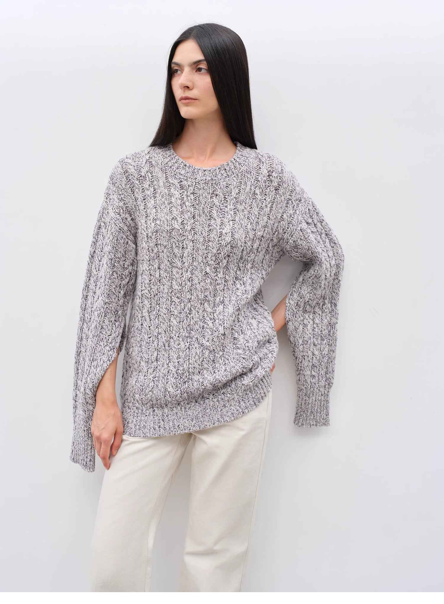 "Thousand Islands Forest Club" Cable - cut Round Neck Wool Blend Slightly Wide Shoulder Sweater - variant_title
