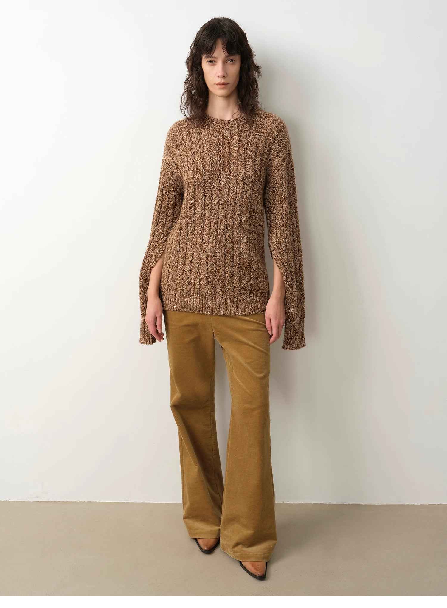 "Thousand Islands Forest Club" Cable - cut Round Neck Wool Blend Slightly Wide Shoulder Sweater - variant_title