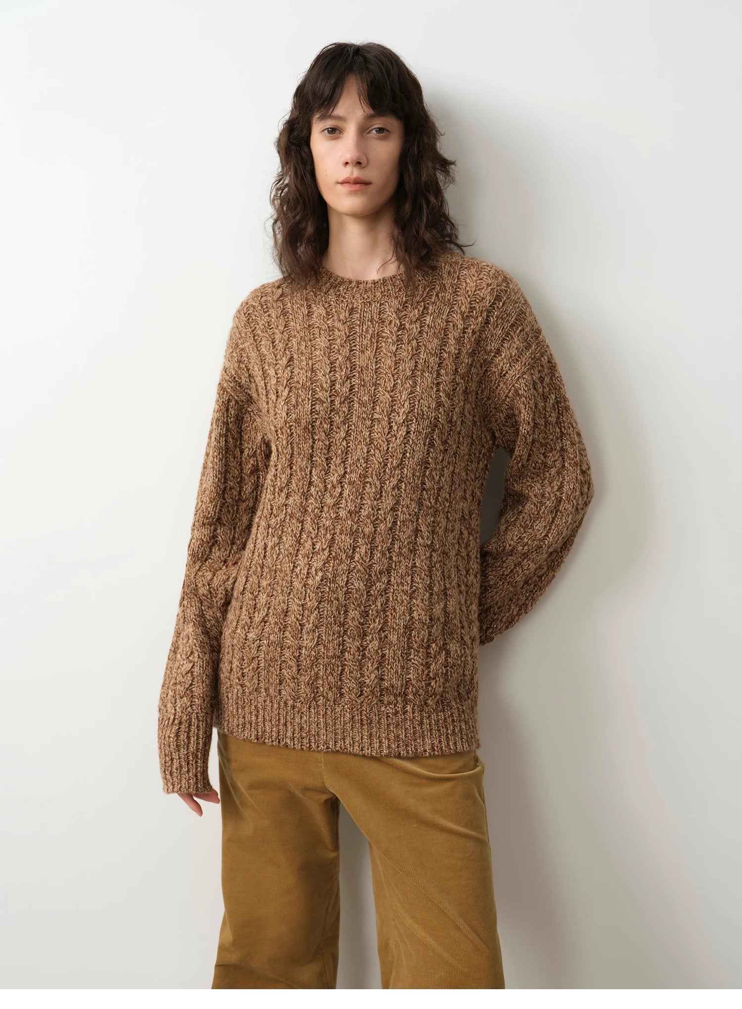 "Thousand Islands Forest Club" Cable - cut Round Neck Wool Blend Slightly Wide Shoulder Sweater - variant_title