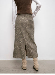 "Thousand Layers of Echoes" Chenille Original Print Camouflage Retro Distressed Straight Mid - Waist Skirt - variant_title