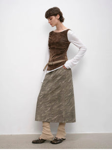 "Thousand Layers of Echoes" Chenille Original Print Camouflage Retro Distressed Straight Mid - Waist Skirt - variant_title