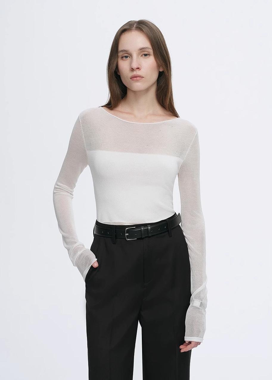 Transparent patchwork acetate Tencel temperament slim fit slim long sleeve T-shirt for women - variant_title