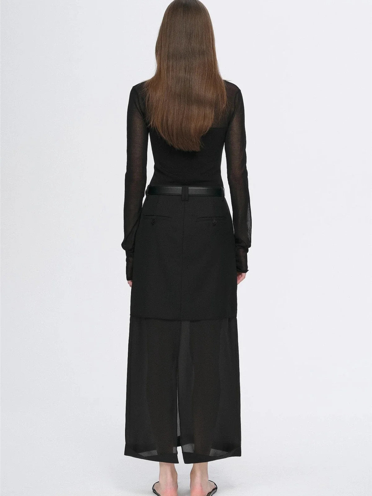 Transparent patchwork acetate Tencel long sleeve T-shirt black back view