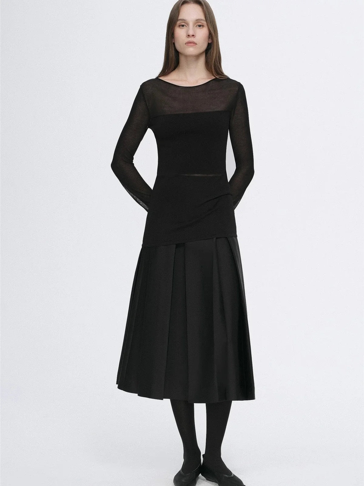 Transparent patchwork acetate Tencel long sleeve T-shirt black front view