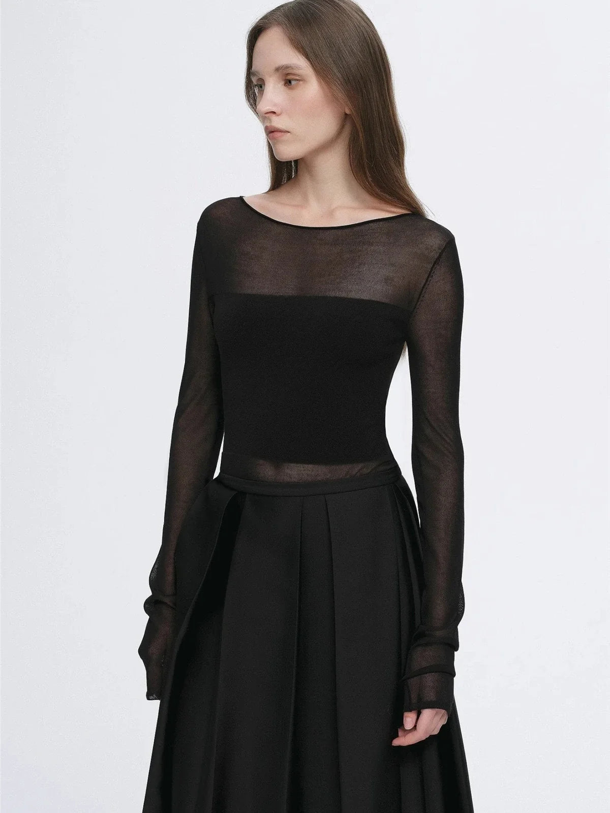 Transparent patchwork acetate Tencel long sleeve T-shirt black side view