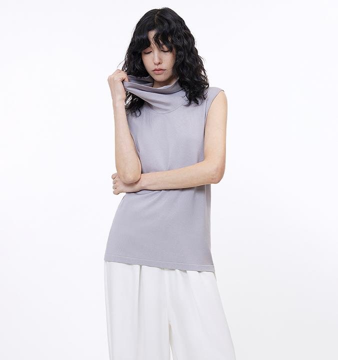 Triacetate mixed tencel high collar knitted sleeveless vest - variant_title