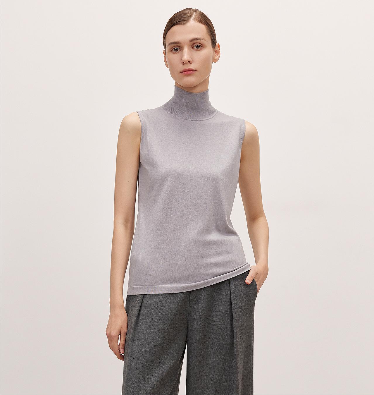 Triacetate mixed tencel high collar knitted sleeveless vest - variant_title