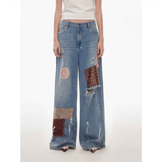 "Uninhibited splicing" retro design mid - low waist washed ripped hole splattered paint cloth patch wide - leg jeans - variant_title