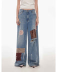 "Uninhibited splicing" retro design mid - low waist washed ripped hole splattered paint cloth patch wide - leg jeans - variant_title