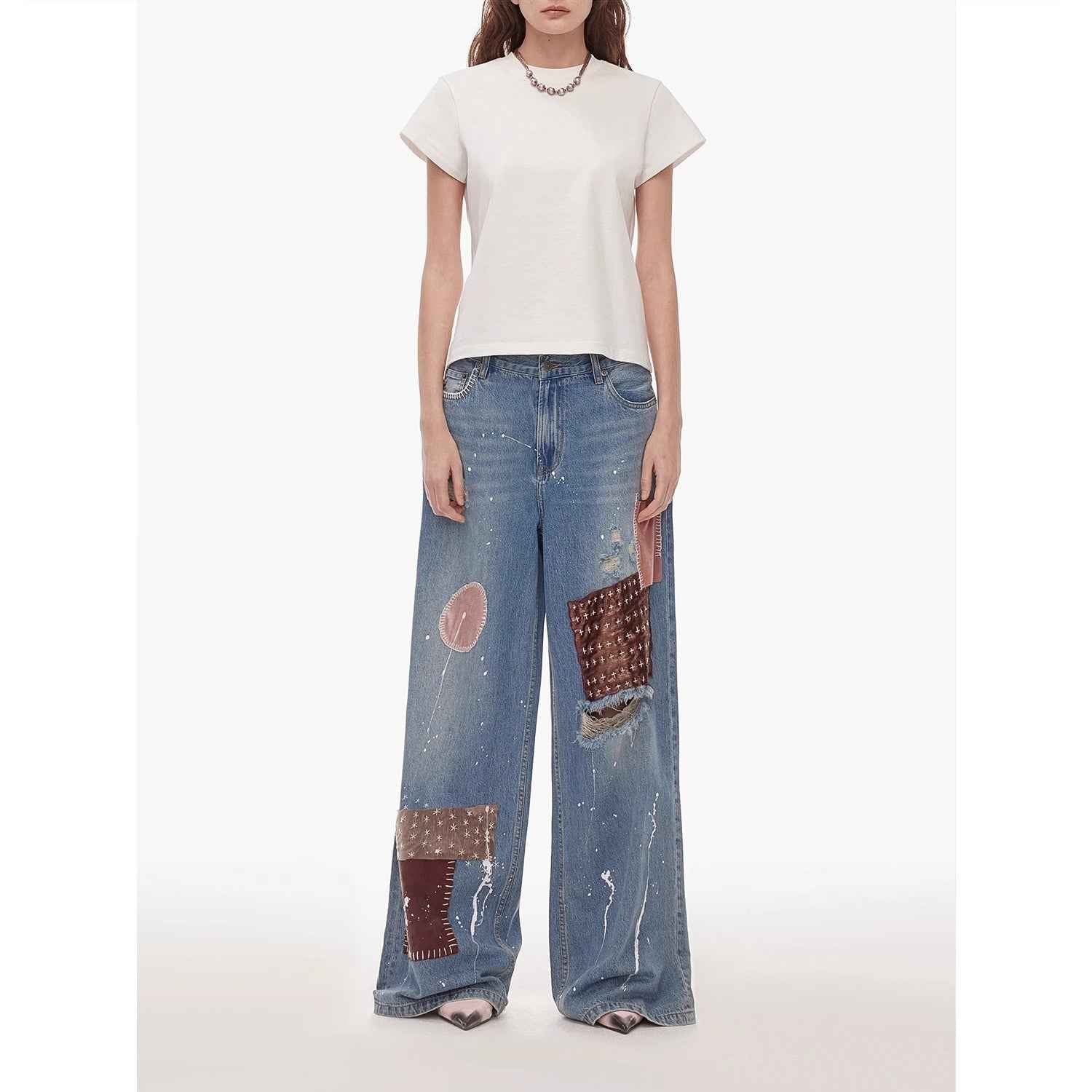 "Uninhibited splicing" retro design mid - low waist washed ripped hole splattered paint cloth patch wide - leg jeans - variant_title