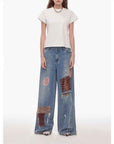 "Uninhibited splicing" retro design mid - low waist washed ripped hole splattered paint cloth patch wide - leg jeans - variant_title