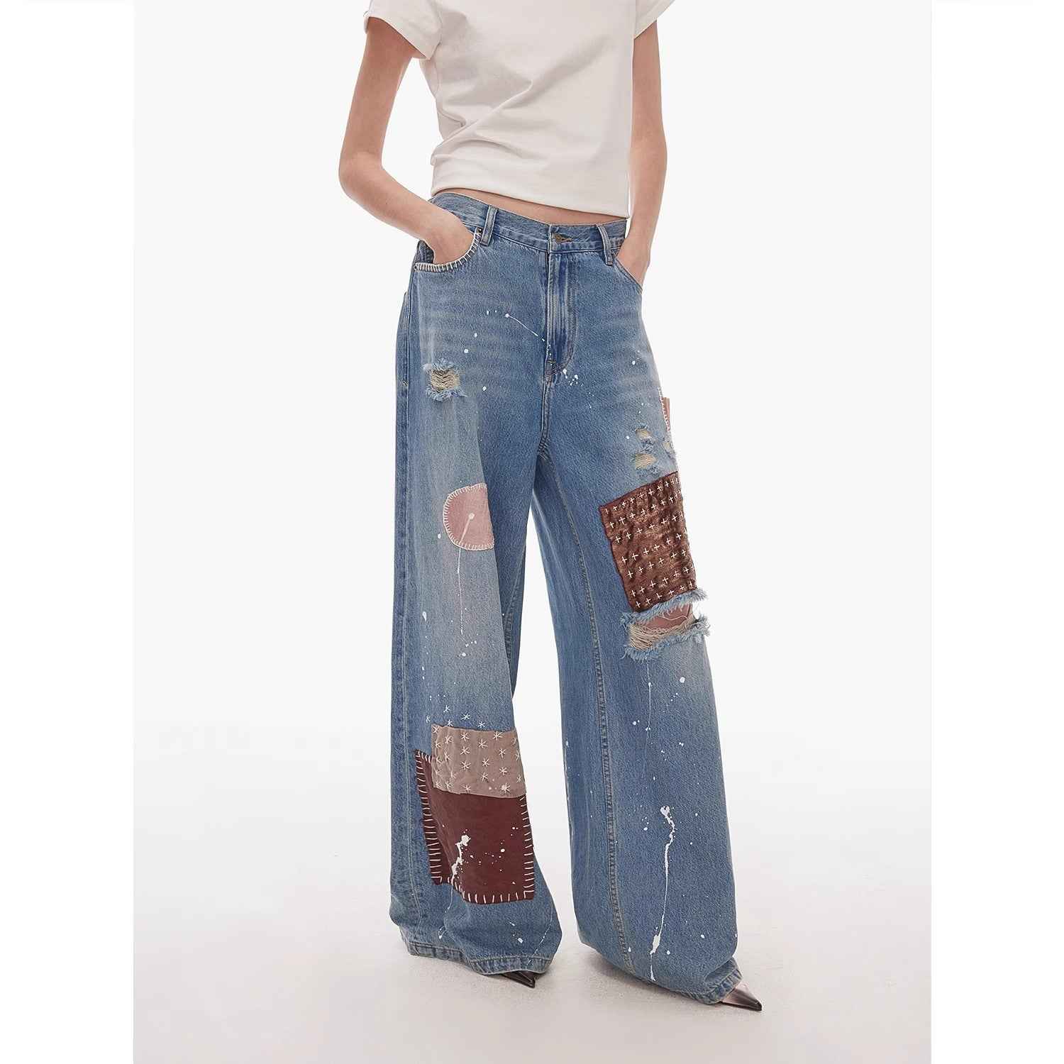 "Uninhibited splicing" retro design mid - low waist washed ripped hole splattered paint cloth patch wide - leg jeans - variant_title