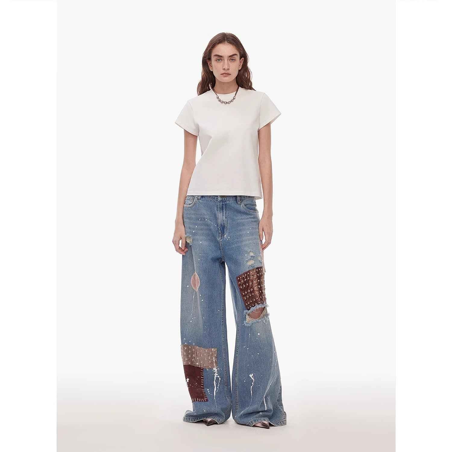 "Uninhibited splicing" retro design mid - low waist washed ripped hole splattered paint cloth patch wide - leg jeans - variant_title