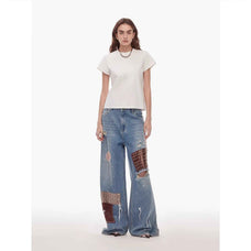 "Uninhibited splicing" retro design mid - low waist washed ripped hole splattered paint cloth patch wide - leg jeans - variant_title