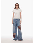 "Uninhibited splicing" retro design mid - low waist washed ripped hole splattered paint cloth patch wide - leg jeans - variant_title