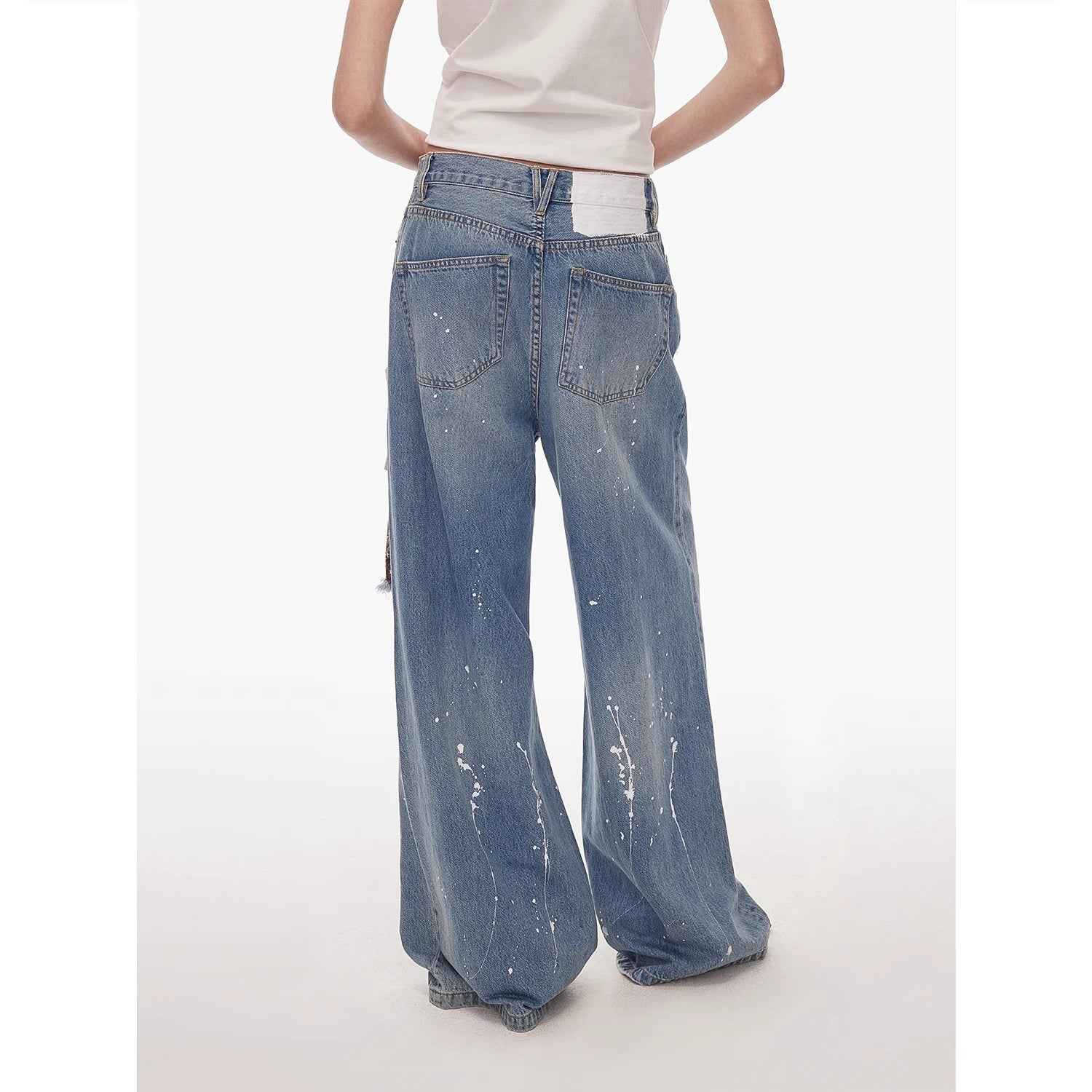 "Uninhibited splicing" retro design mid - low waist washed ripped hole splattered paint cloth patch wide - leg jeans - variant_title