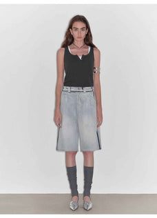 “Unruly Sonata” Neutral Style Loose Feeling Imported Washed Mid Rise Bumped Side Wide Leg Washed Denim Mid Pants - variant_title