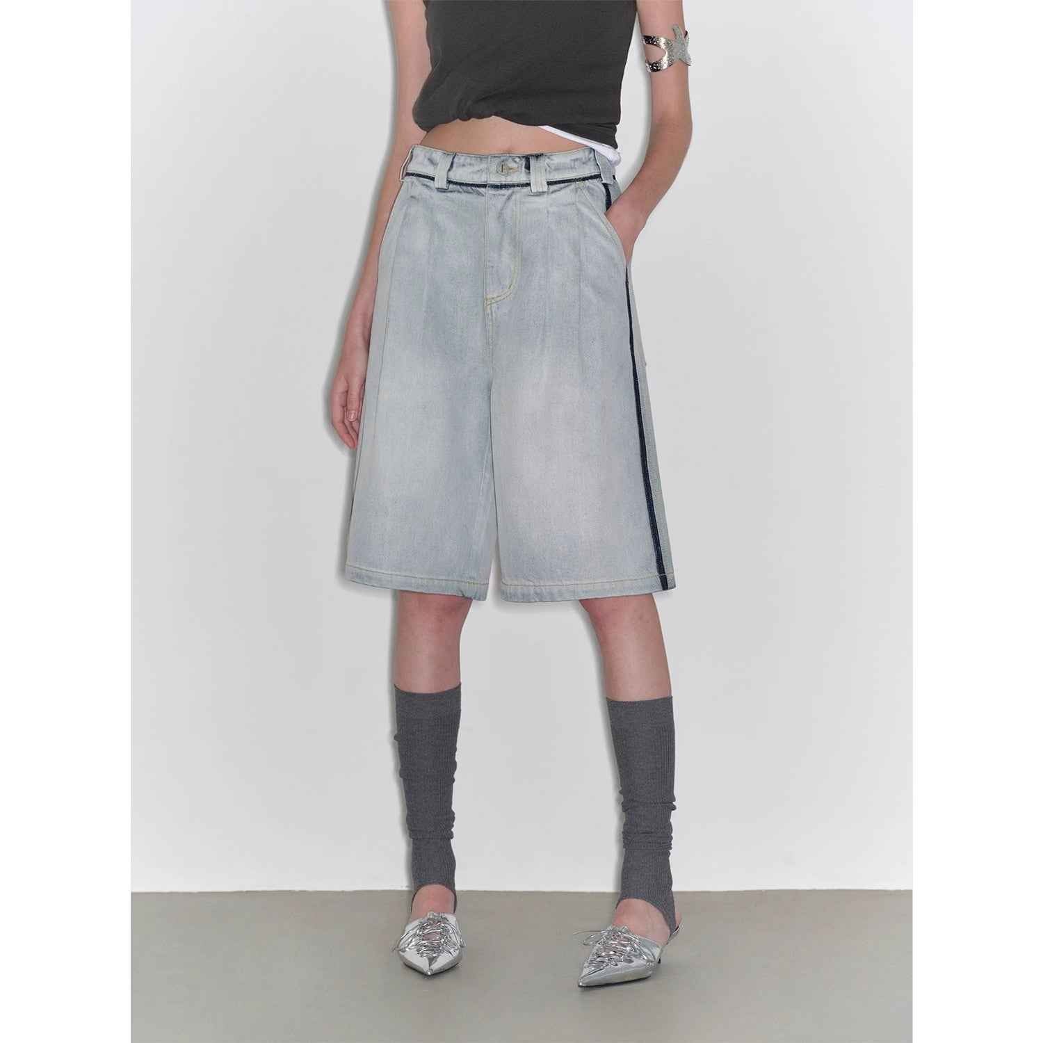 “Unruly Sonata” Neutral Style Loose Feeling Imported Washed Mid Rise Bumped Side Wide Leg Washed Denim Mid Pants - variant_title