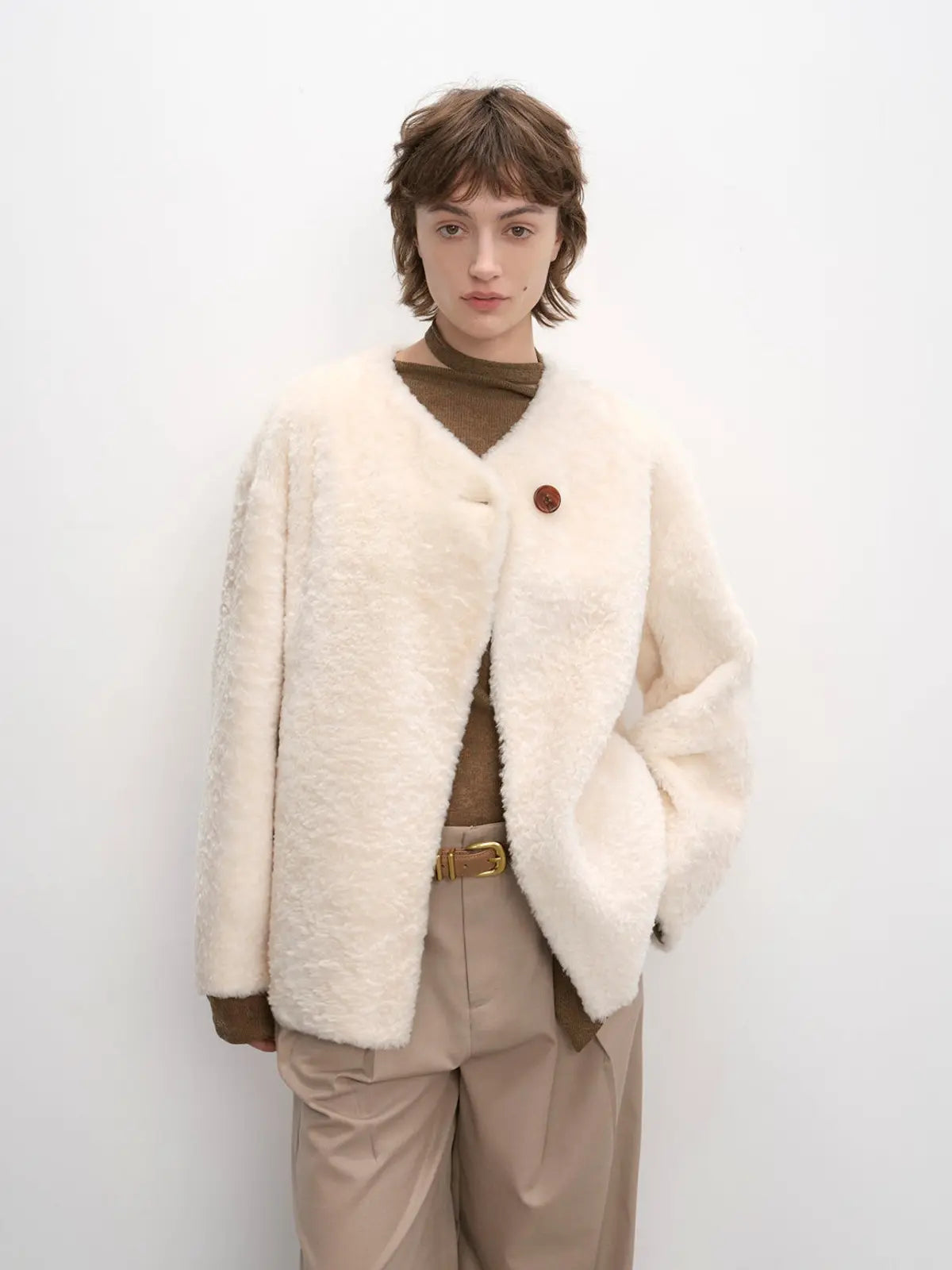 Urban Home off-white drop shoulder shearling coat front model view