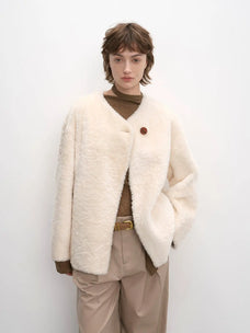 Urban Home off-white drop shoulder shearling coat front model view
