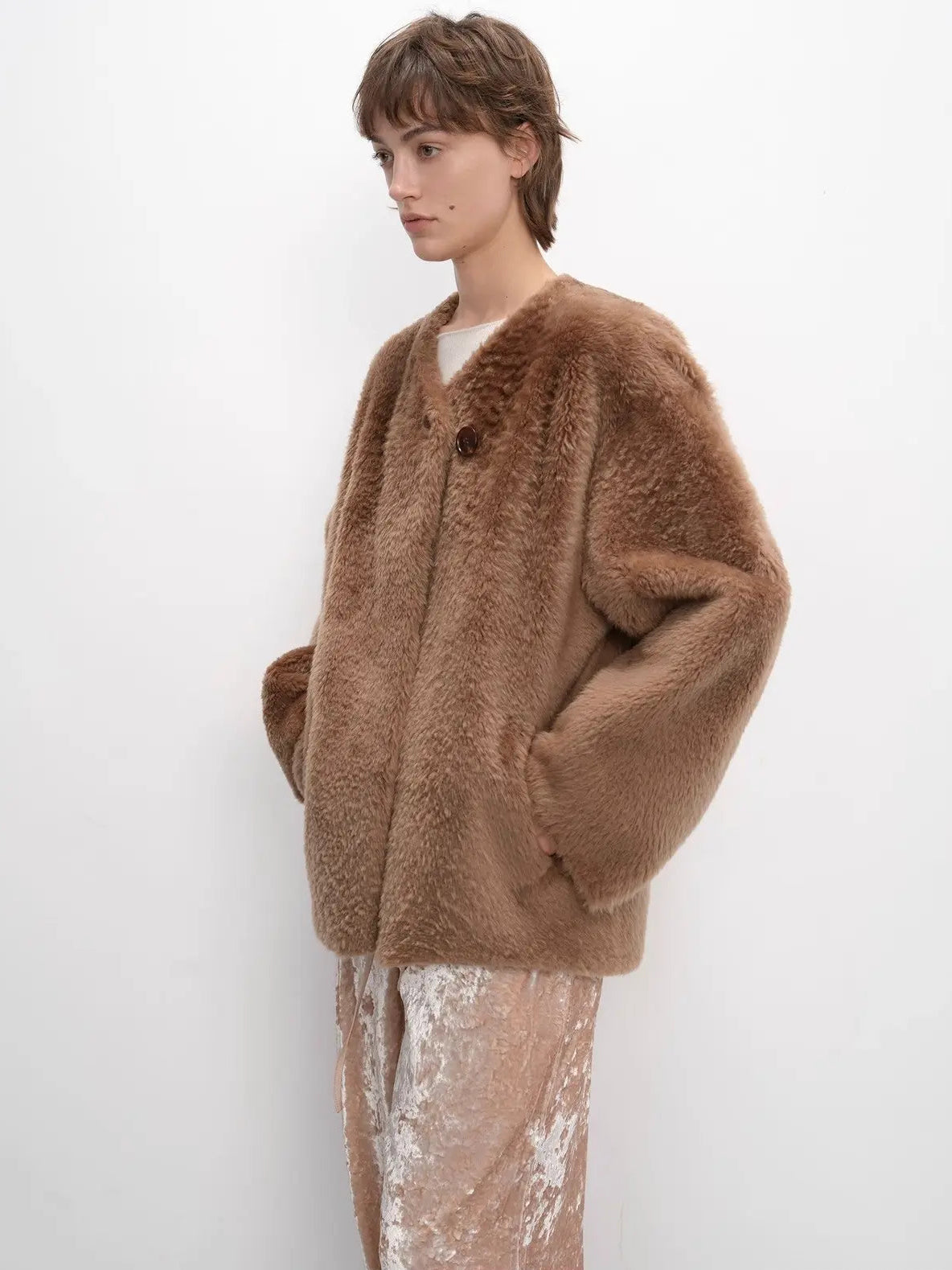 Urban Home chestnut shell Merino shearling coat side model view
