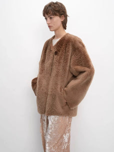 Urban Home chestnut shell Merino shearling coat side model view