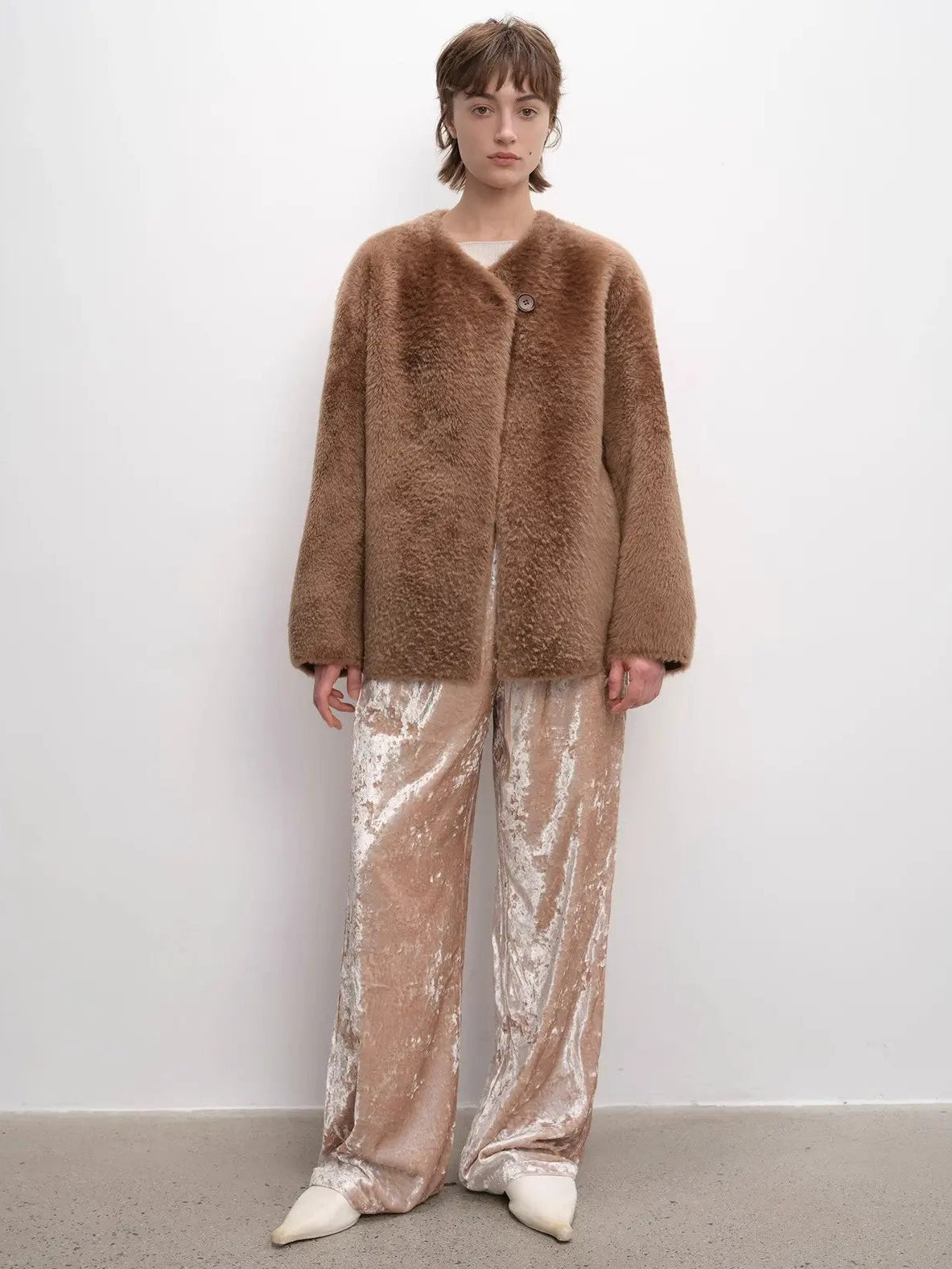 Urban Home chestnut shell shearling coat full-length model view
