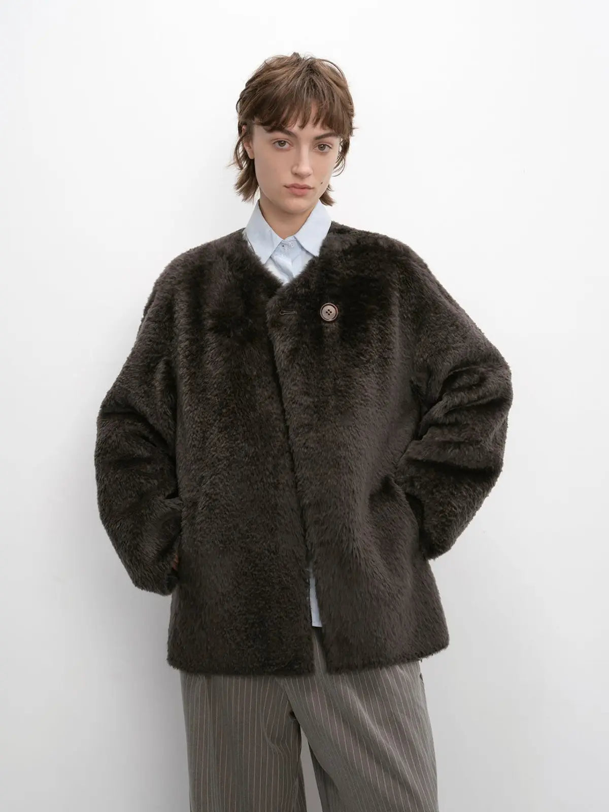 Urban Home iron ore ash shearling coat relaxed front model view