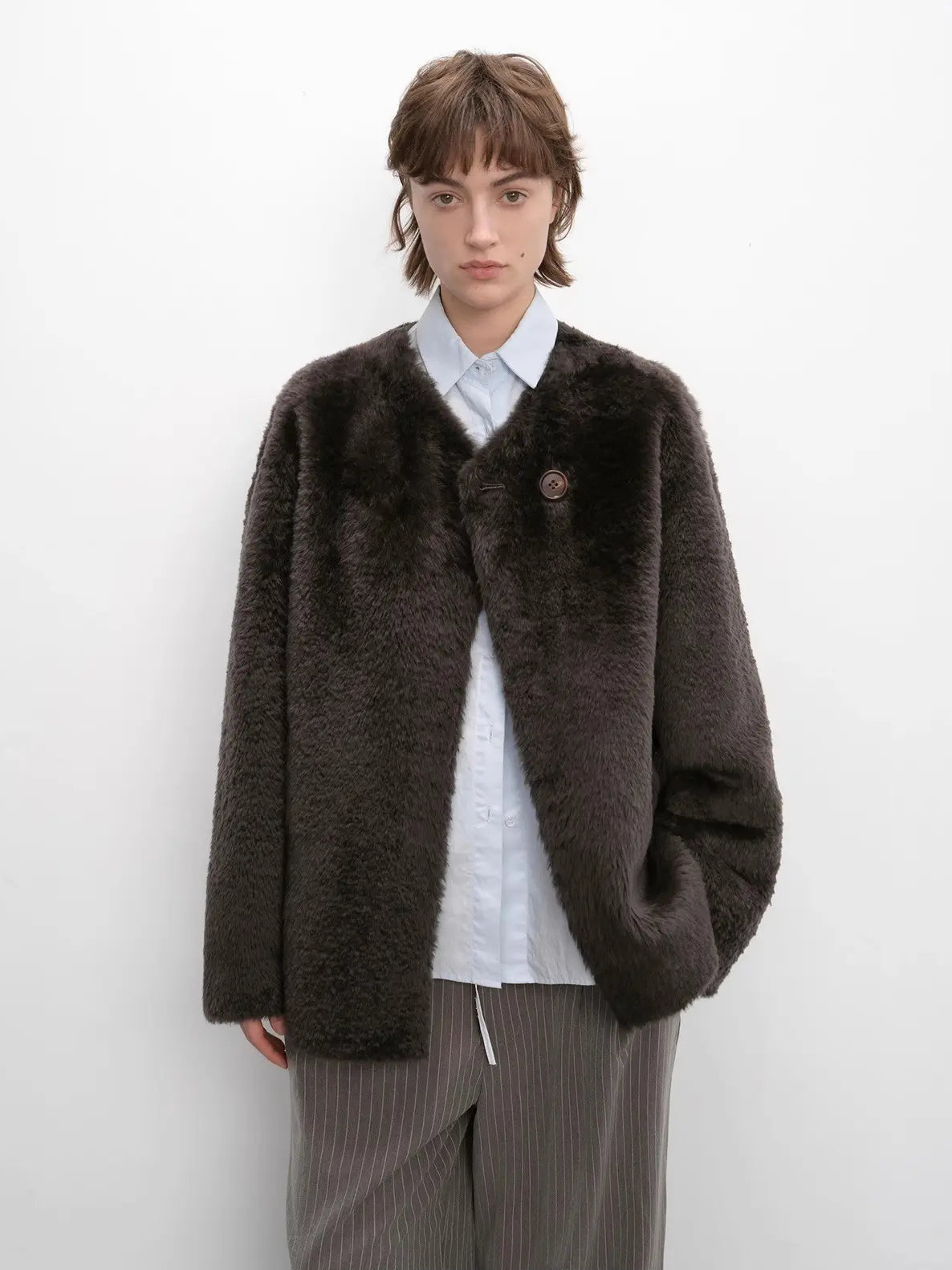 Urban Home iron ore ash Merino shearling coat straight silhouette view