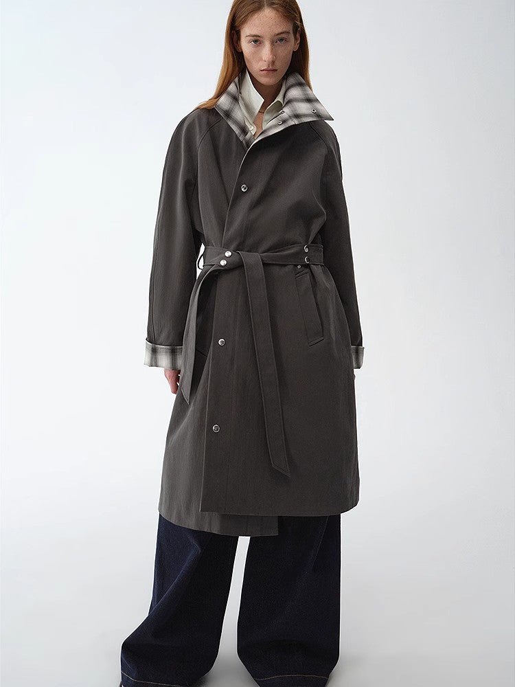 "Urban Island" Retro Plaid Mid - Length Workwear Lapel Trench Coat - variant_title