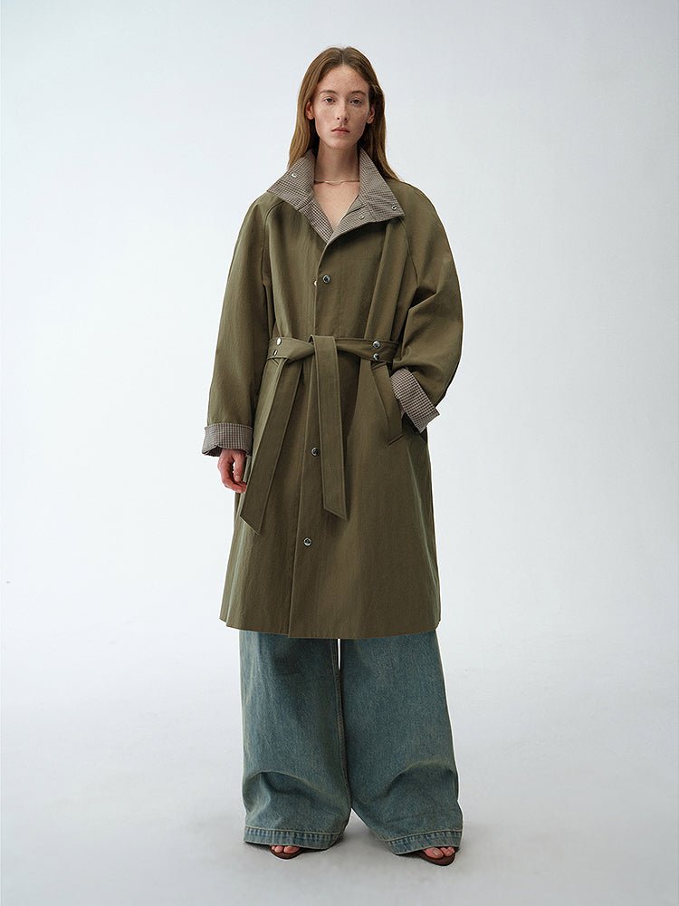 "Urban Island" Retro Plaid Mid - Length Workwear Lapel Trench Coat - variant_title