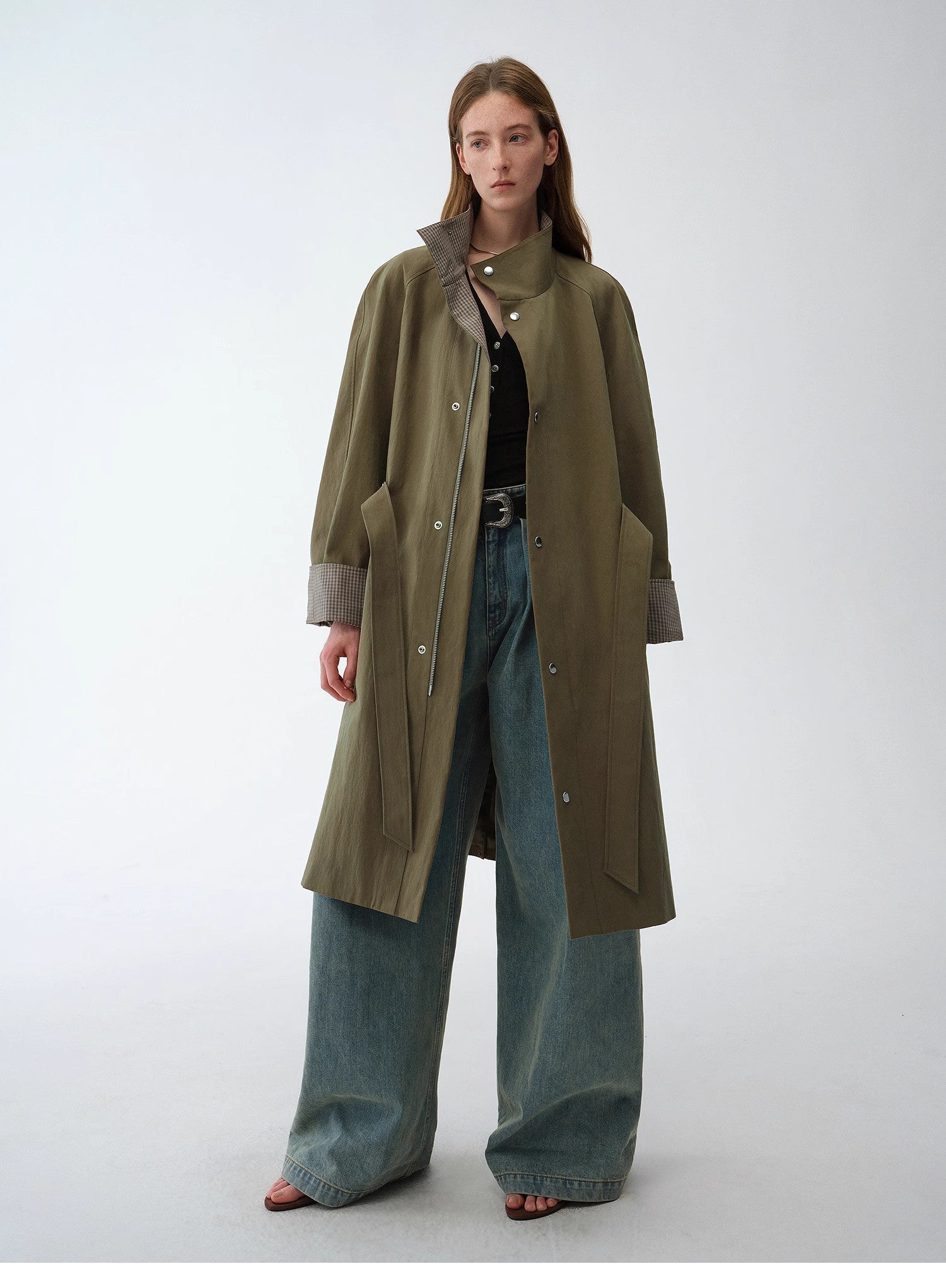 "Urban Island" Retro Plaid Mid - Length Workwear Lapel Trench Coat - variant_title