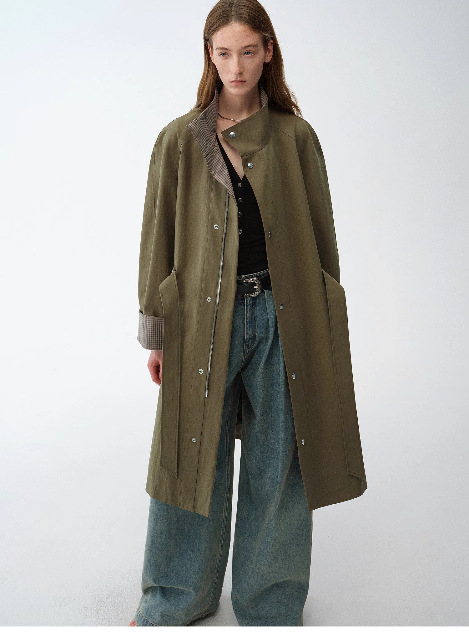 "Urban Island" Retro Plaid Mid - Length Workwear Lapel Trench Coat - variant_title