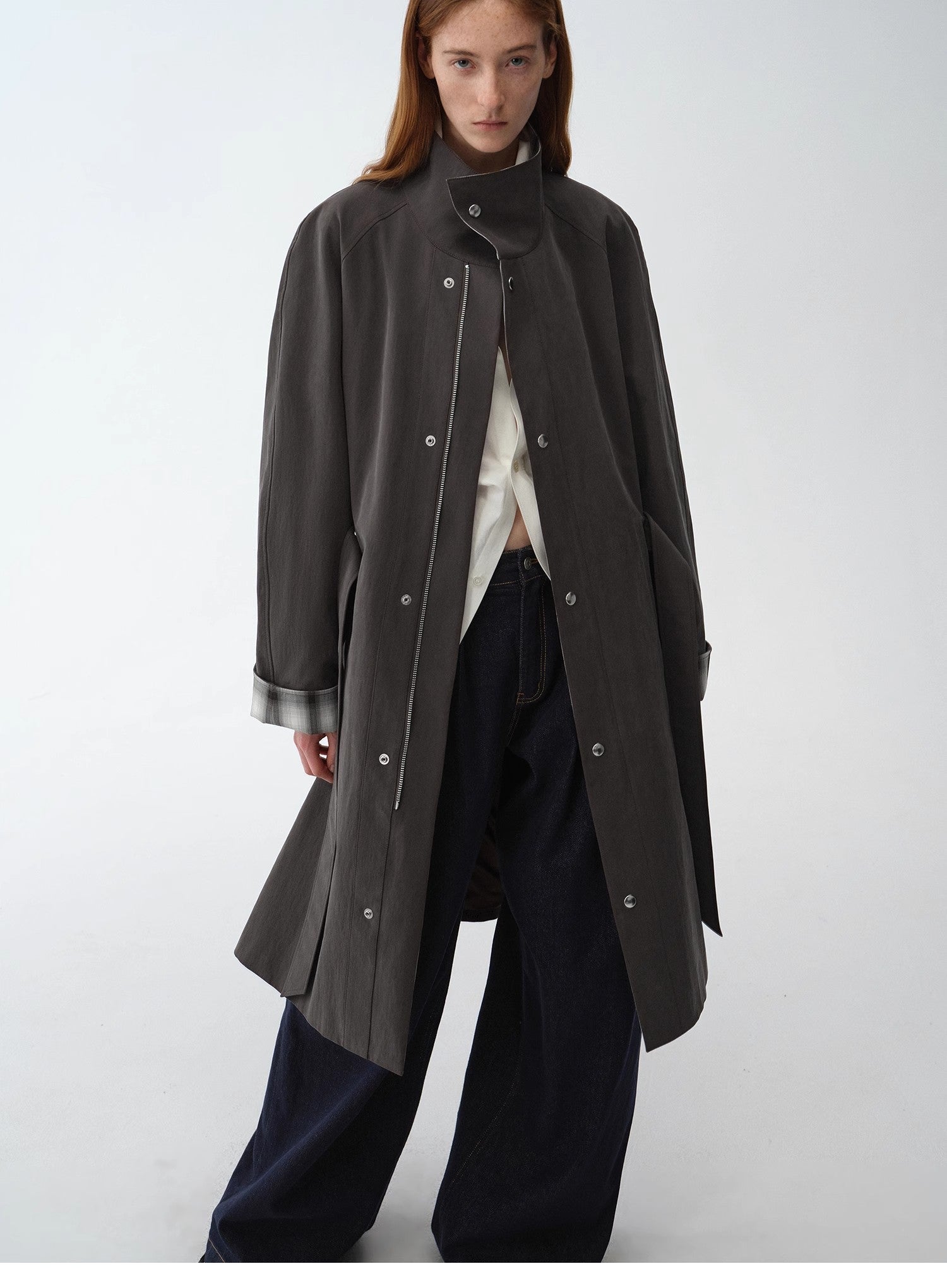 "Urban Island" Retro Plaid Mid - Length Workwear Lapel Trench Coat - variant_title