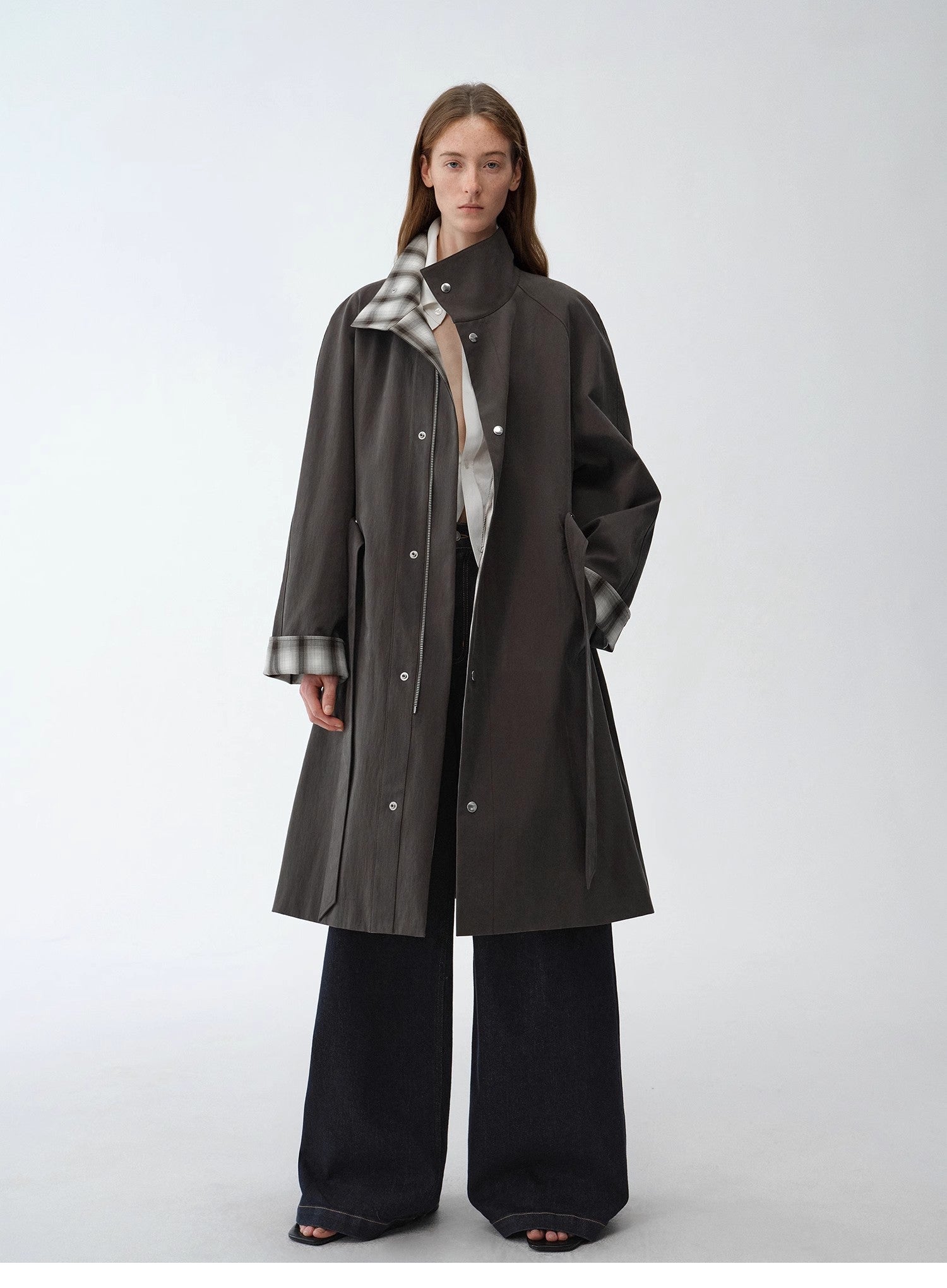 "Urban Island" Retro Plaid Mid - Length Workwear Lapel Trench Coat - variant_title