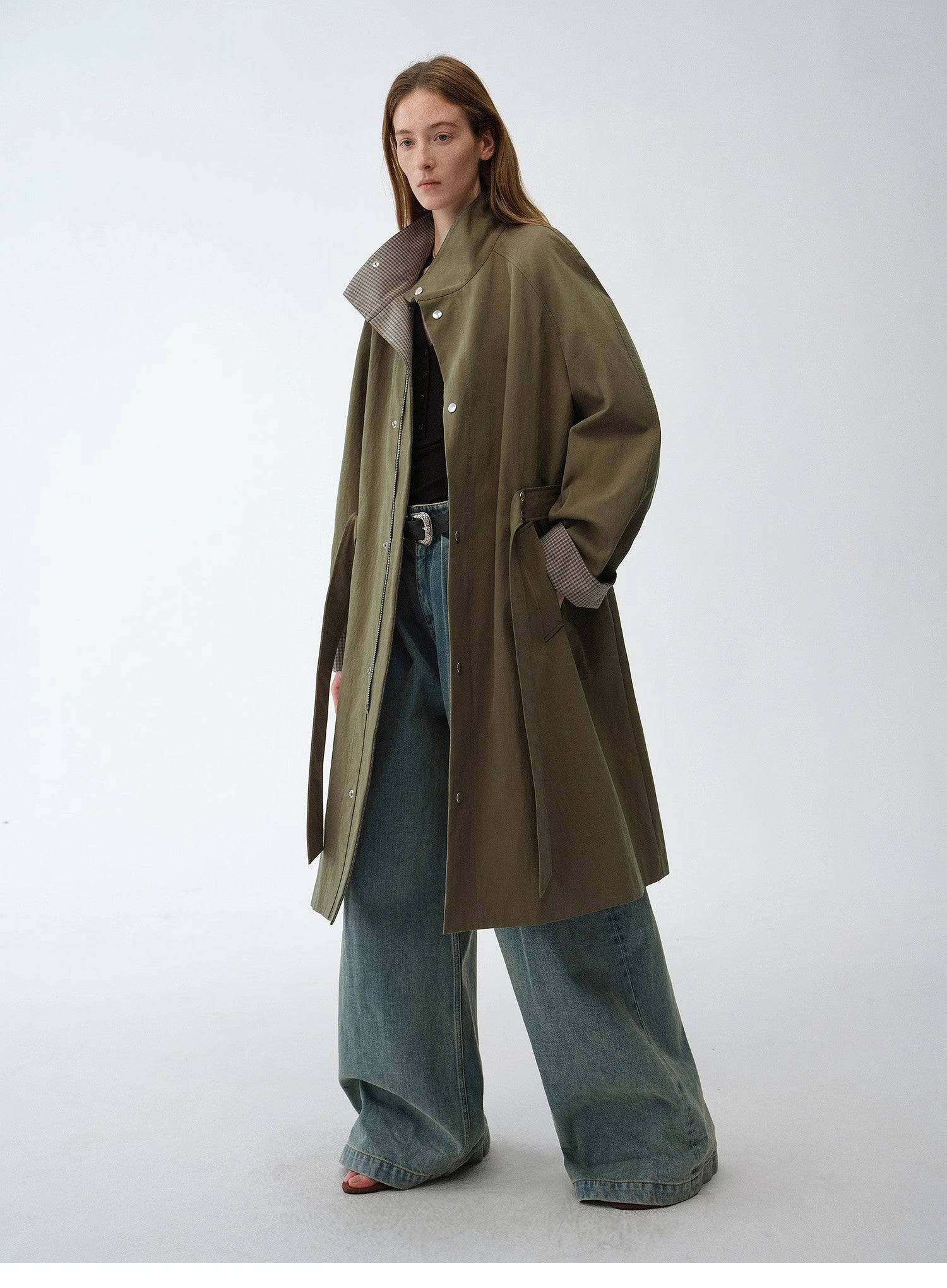"Urban Island" Retro Plaid Mid - Length Workwear Lapel Trench Coat - variant_title